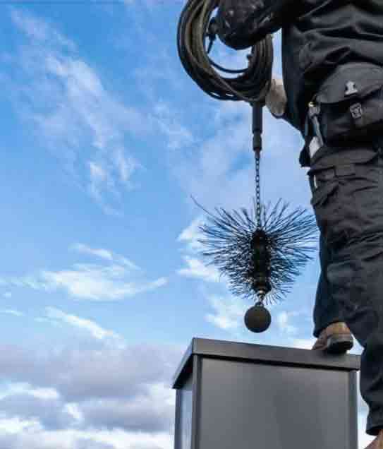Chimney Sweep Service -  Photo of the owner of Riaz Chimney & Masonry getting ready to put a brush type cleaning tool down a chimney.