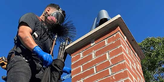 Chimney Sweep Service - Photo of a man on a roof getting ready to sweep clean a brick chimney.
