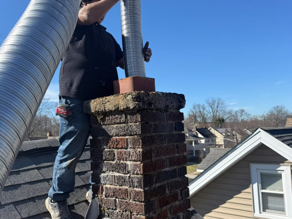 Close-up view of stainless steel liner inside a chimney flue